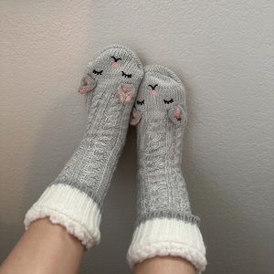 Jane and Bleecker Slipper Socks, Grey, Cat